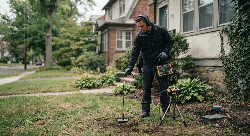 Leak detection specialist inspecting an irrigation backflow preventer in Egg Harbor Township