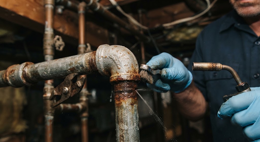 Licensed plumber performing pipe leak repair on a copper water line in Egg Harbor Township